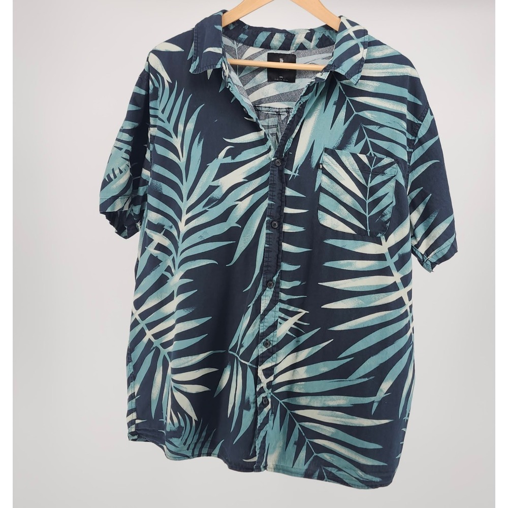 Junk Food Clothing Mens XXL Tropical Palm Leaf Button Down Shirt Teal Navy Blue‎